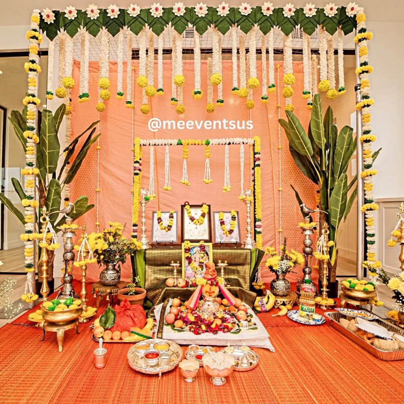 Marigold home mandap with banana leaves