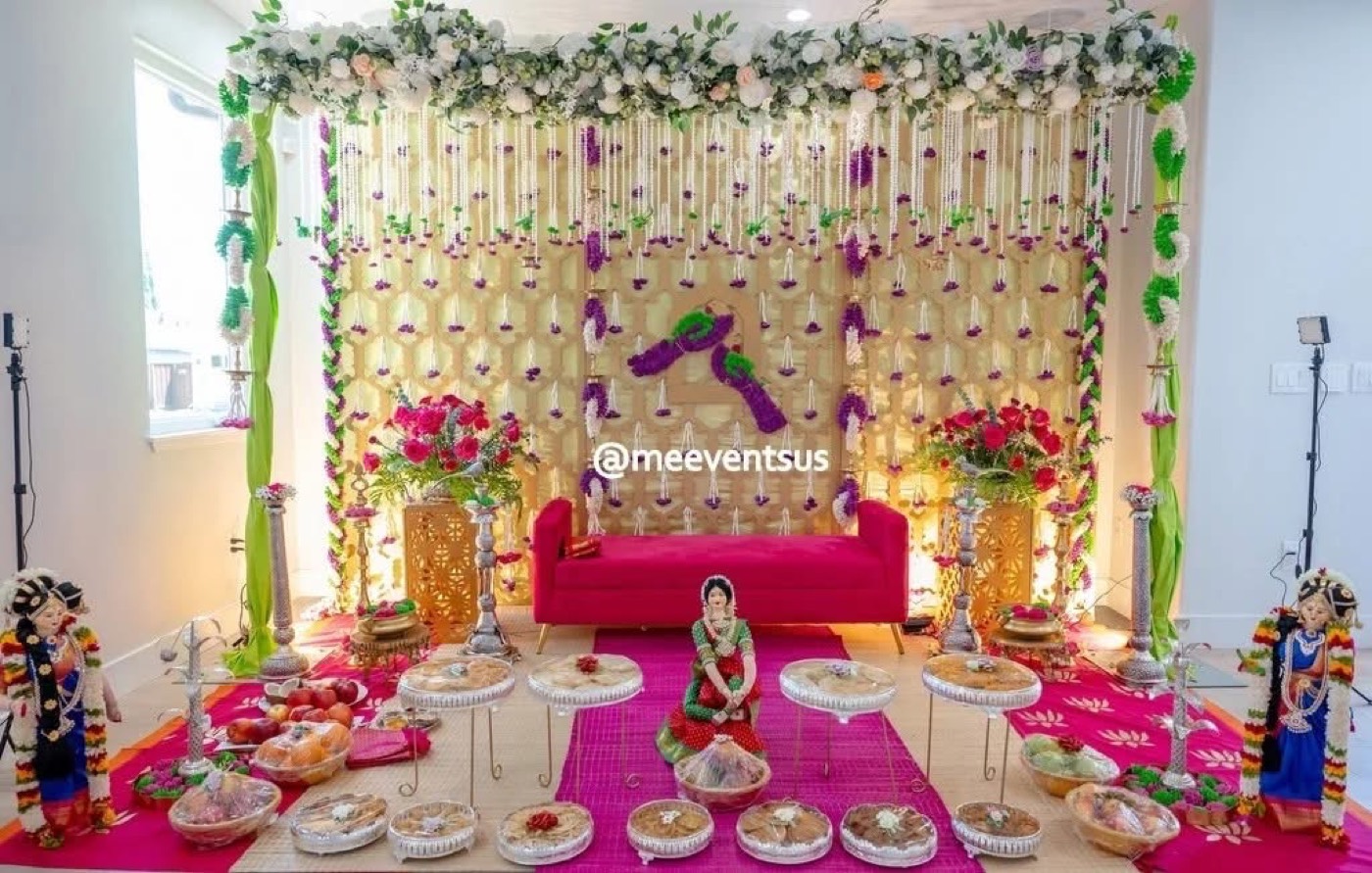 Home mandap with purple and green floral draping